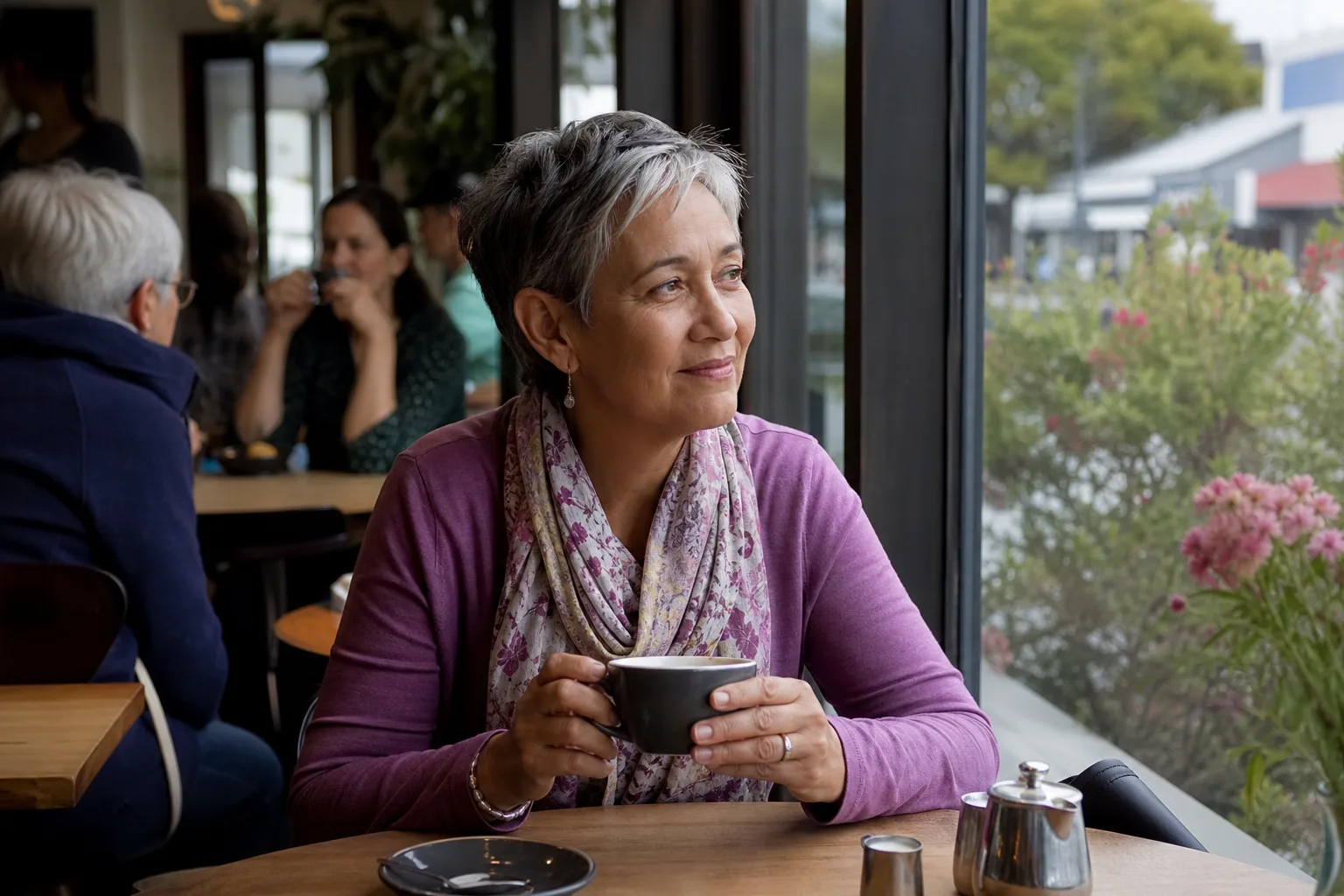 Two people enjoying a relaxed conversation over coffee in Oxfordshire