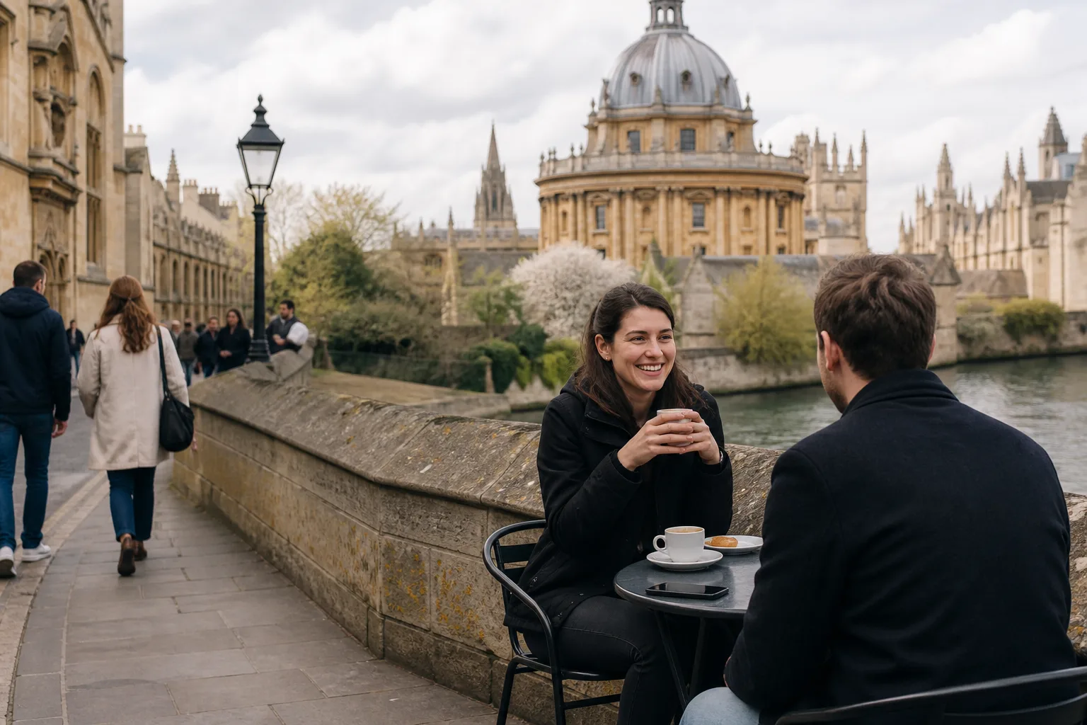 Two people talking over coffee at an independent café in Oxford