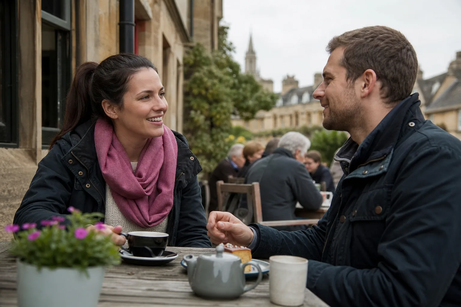 Two people talking over coffee beside the River Thames in Oxfordshire
