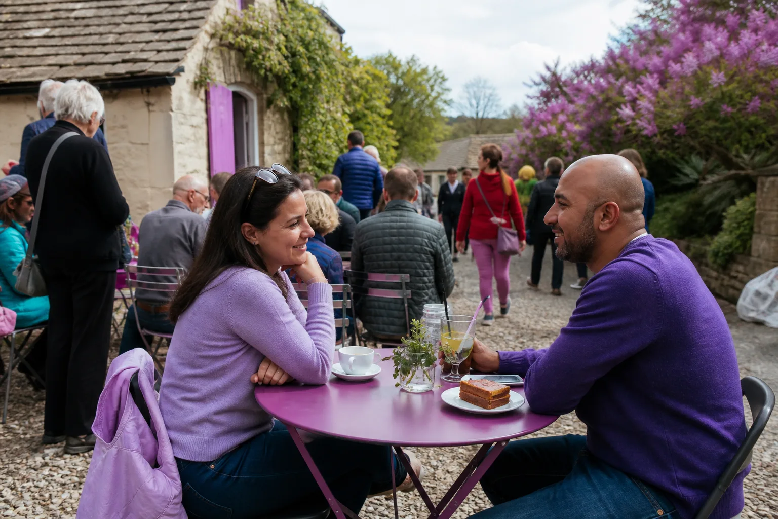 People talking over coffee at a relaxed Oxfordshire café