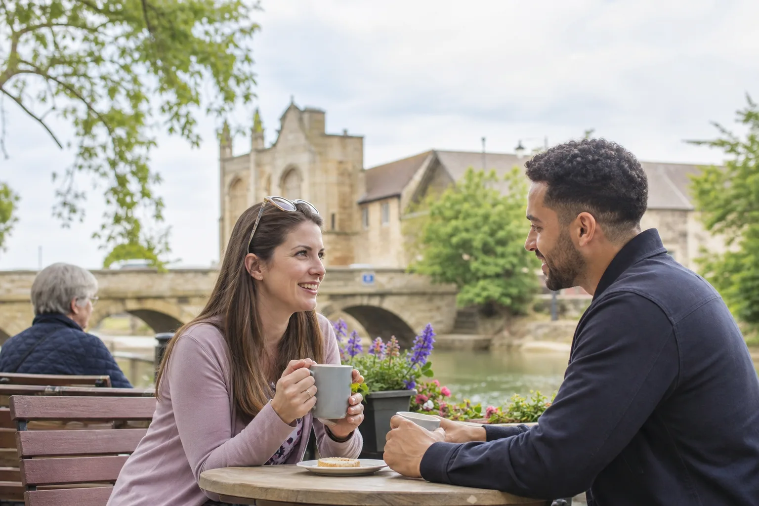 Two people talking beside the Oxford Canal in Banbury