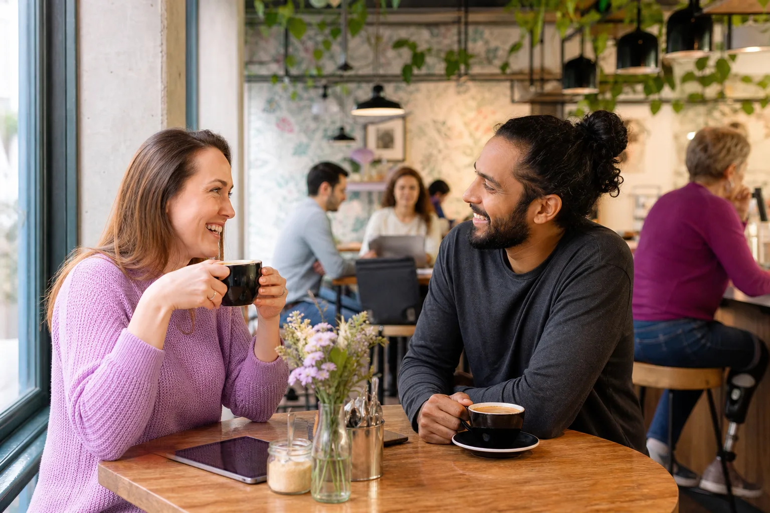 Two people talking over coffee in an Oxfordshire café