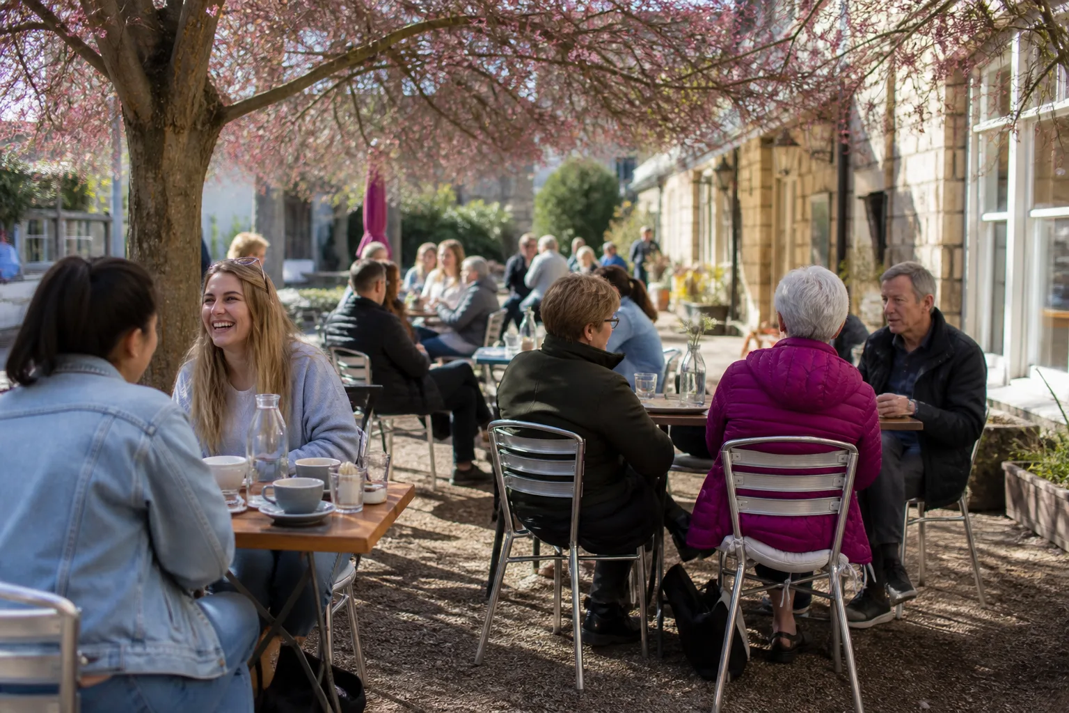 Two adults talking over coffee at an outdoor café in Oxfordshire