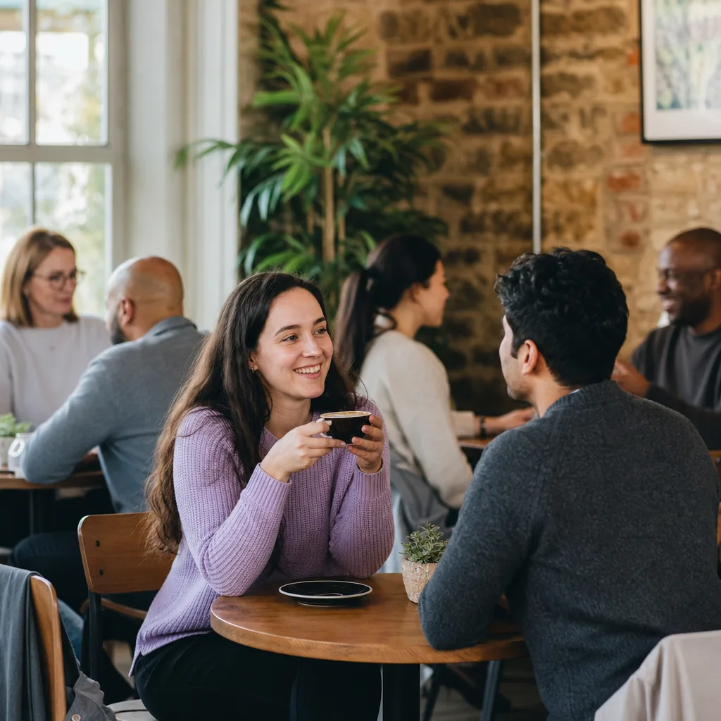 People chatting at tables in a relaxed Oxford café