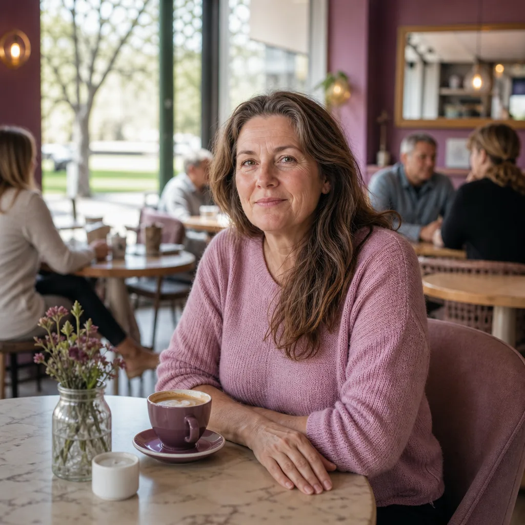 Two older adults meeting at a bright public cafe in Oxfordshire