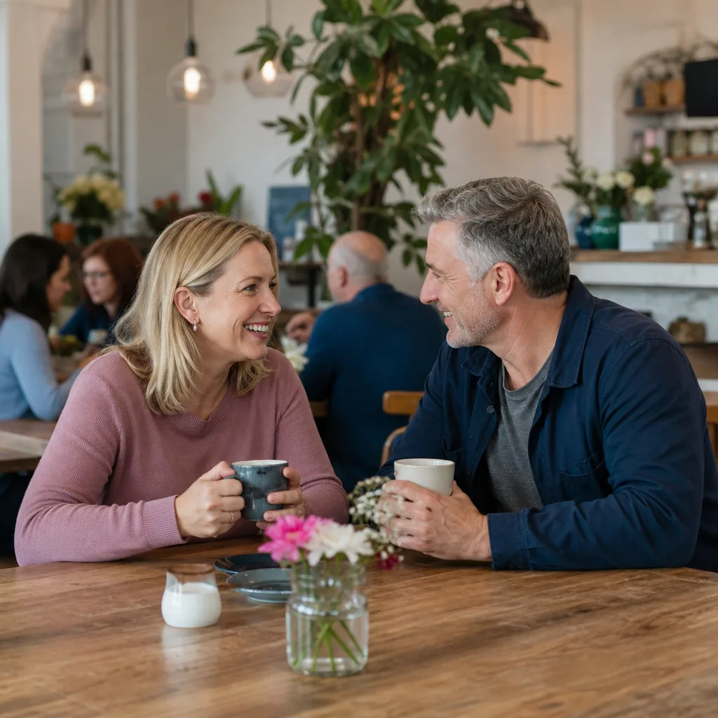 Two Oxfordshire singles talking over coffee on a relaxed first date