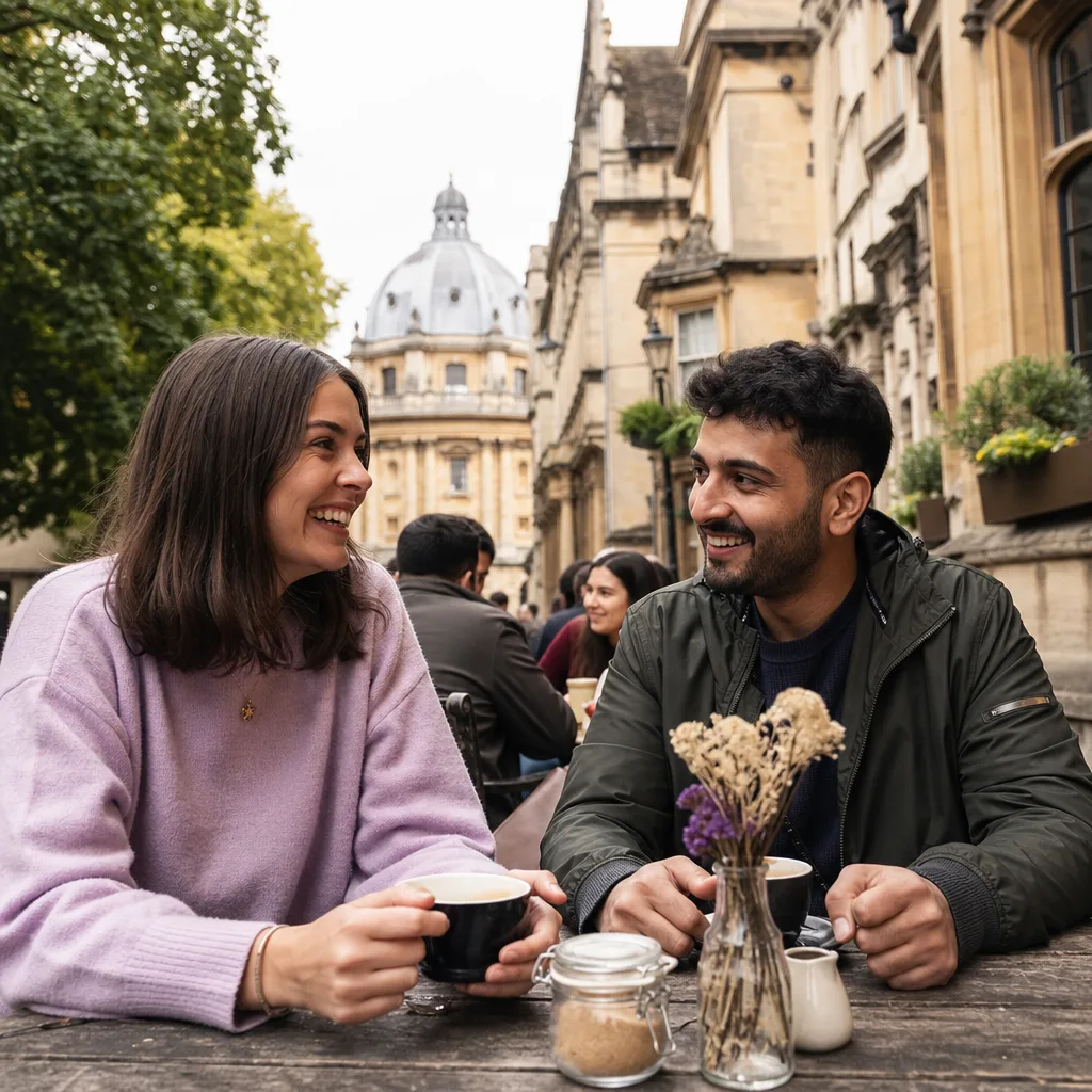 Two adults meeting beside Oxford's Covered Market before a daytime date