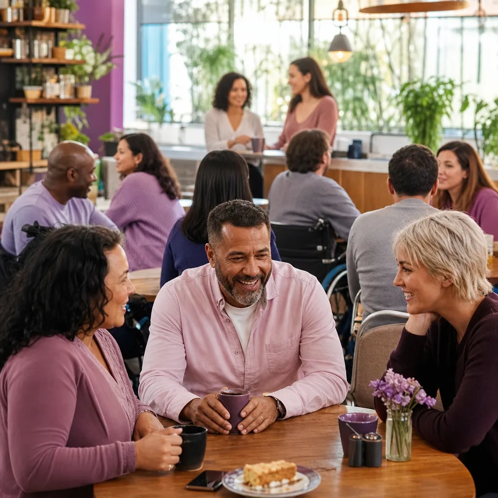 Two adults meeting at a busy public café in Oxford city centre