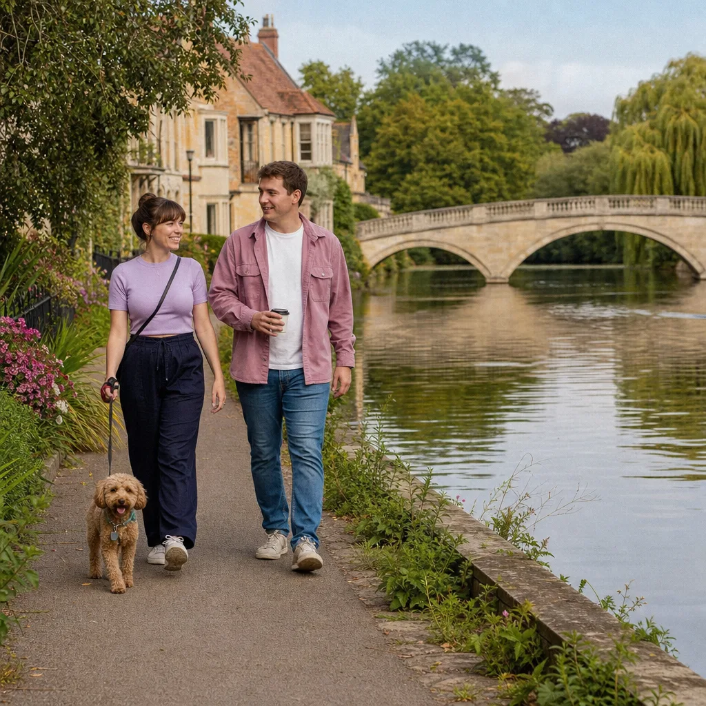 Two adults meeting for a daytime walk in a busy Oxfordshire park