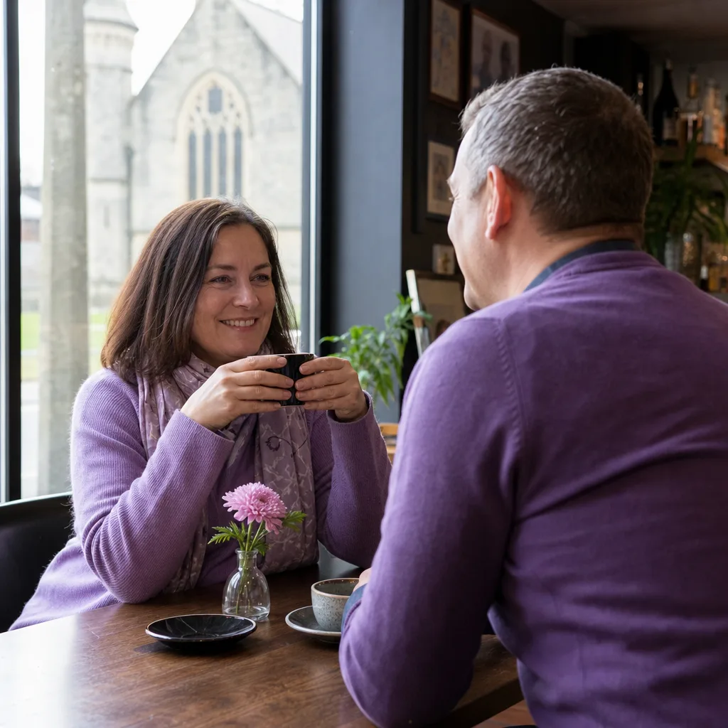 Two adults meeting at a busy public café in central Oxford